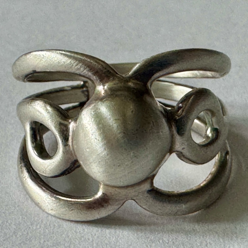Vintage 925 Sterling Silver Mexico Ball Design Wide Ring Modernist Deco Flower